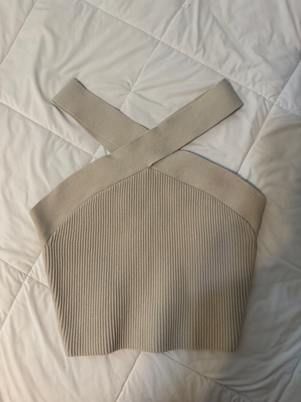 Babaton Beige Cross-Back Ribbed Off-Shoulder Sweater